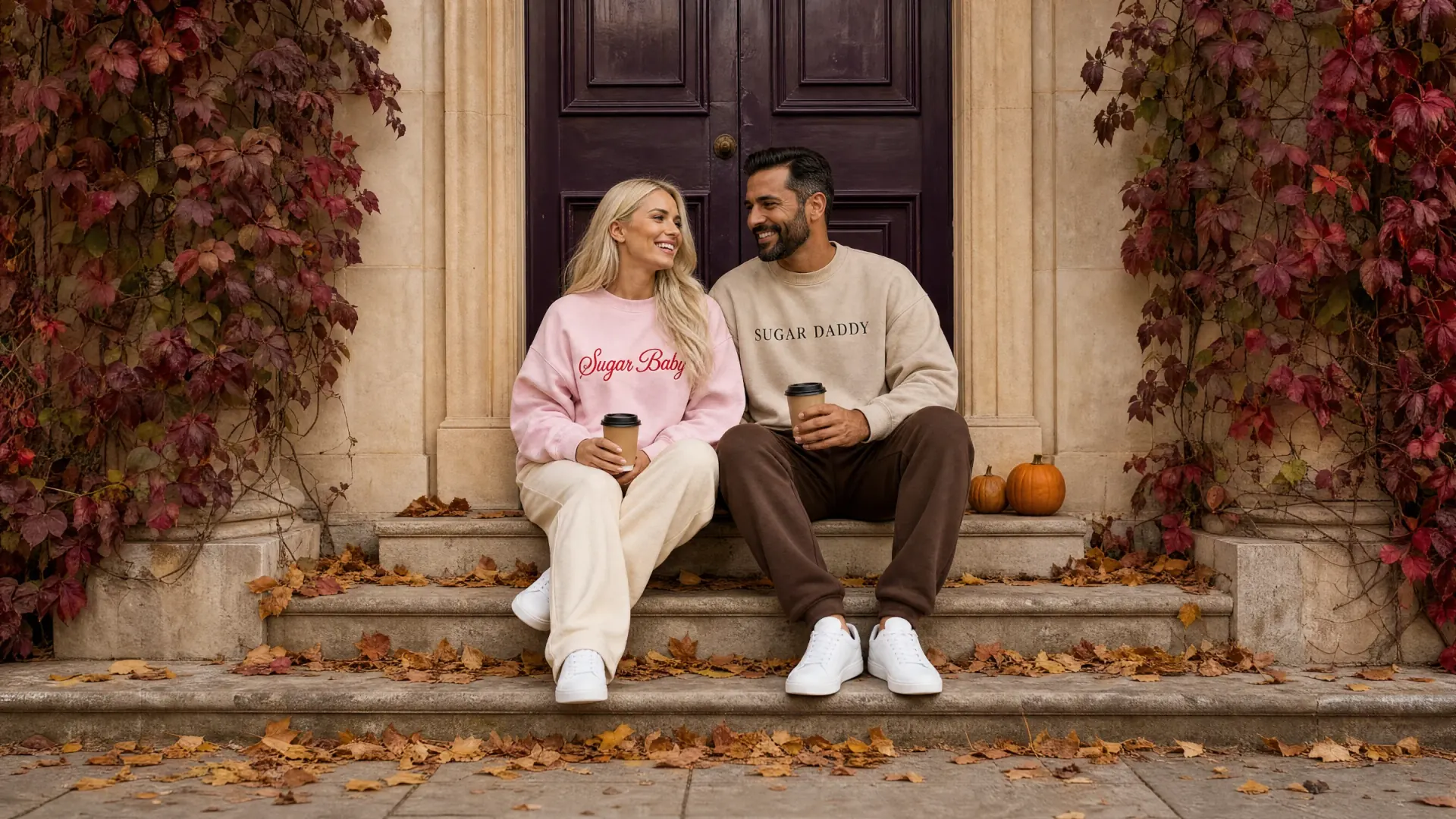 A couple on autumn townhouse steps wearing the Sugar Baby blush crewneck and Sugar Daddy stone crewneck