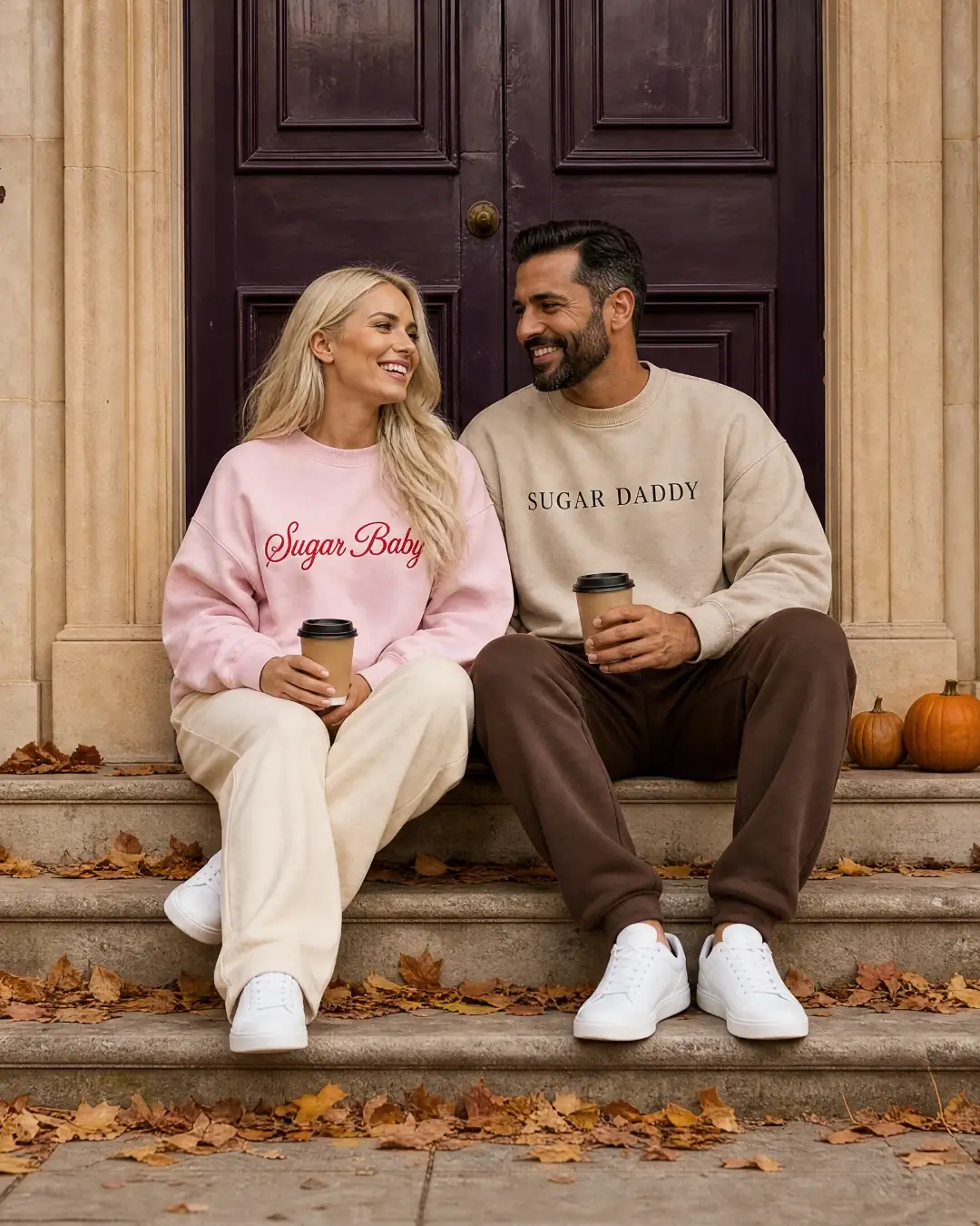 A couple on autumn townhouse steps wearing the Sugar Baby blush crewneck and Sugar Daddy stone crewneck