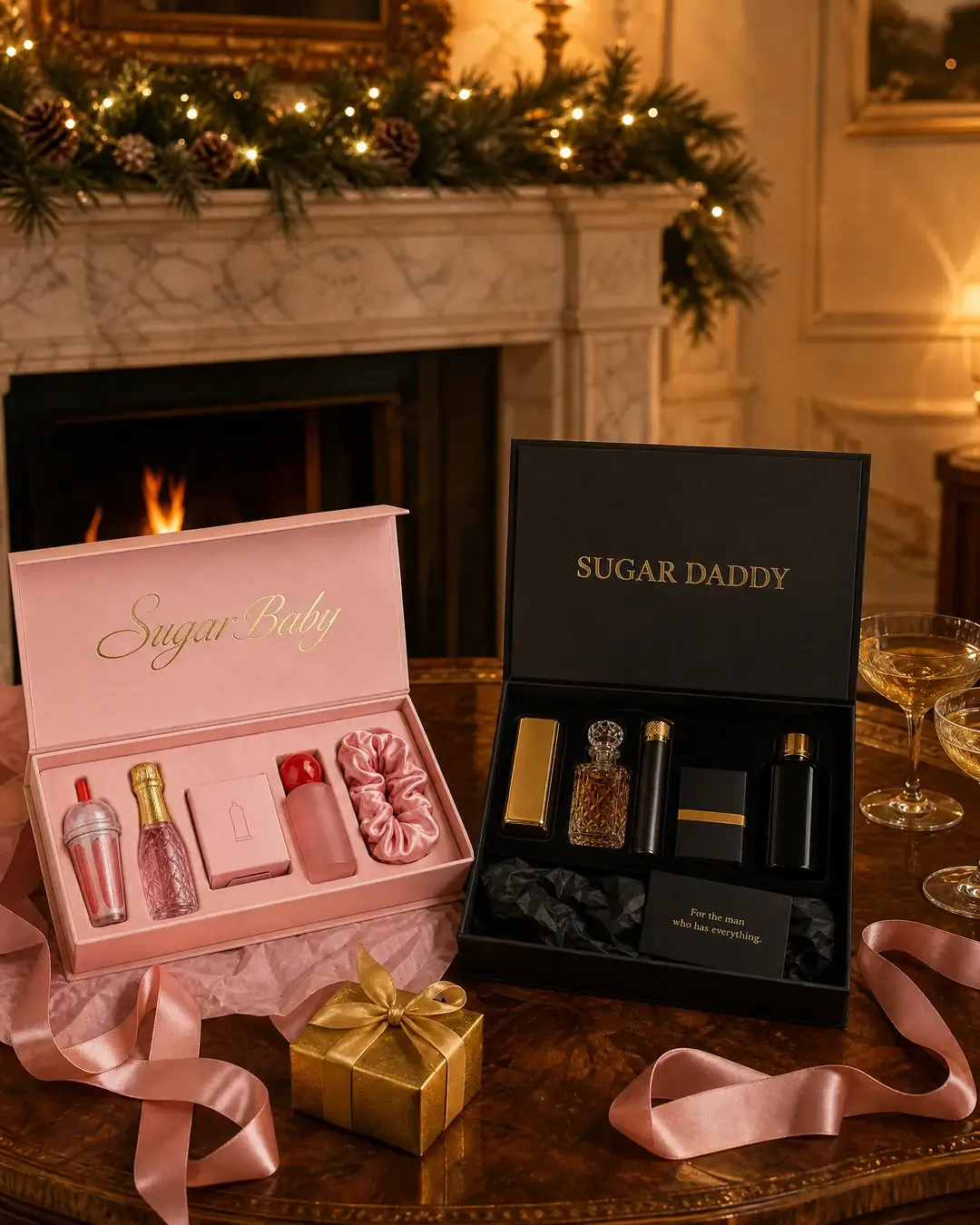 The Sugar Baby and Sugar Daddy gift boxes, open by a fireplace